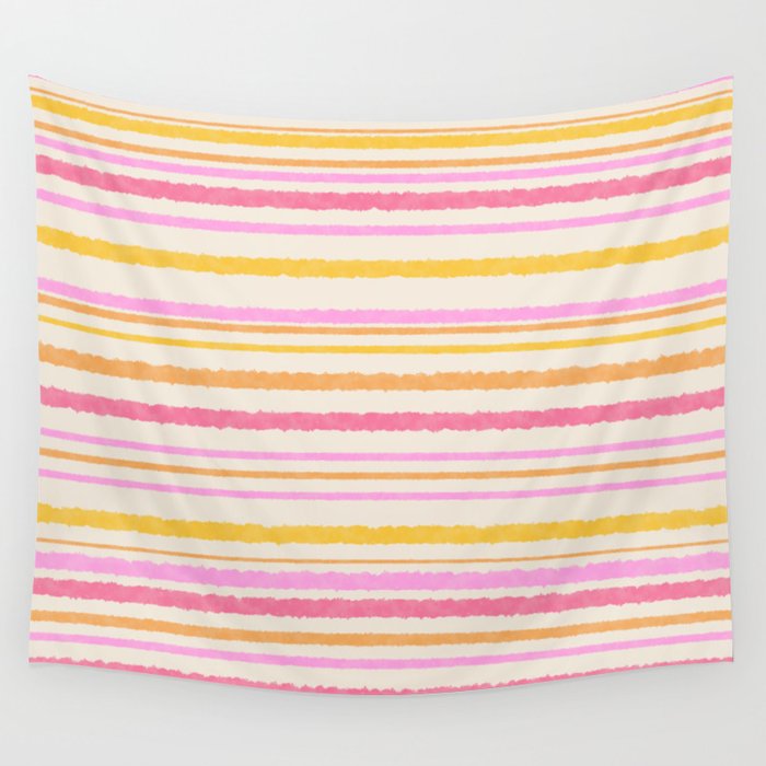 Liquid Summer Watercolor Stripes Pattern Pink Yellow Orange Cream Wall Tapestry Gallery Image 1