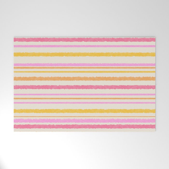 Liquid Summer Watercolor Stripes Pattern Pink Yellow Orange Cream Welcome Mat Gallery Image 1