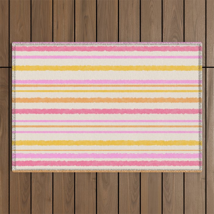 Liquid Summer Watercolor Stripes Pattern Pink Yellow Orange Cream Outdoor Rug Gallery Image 1