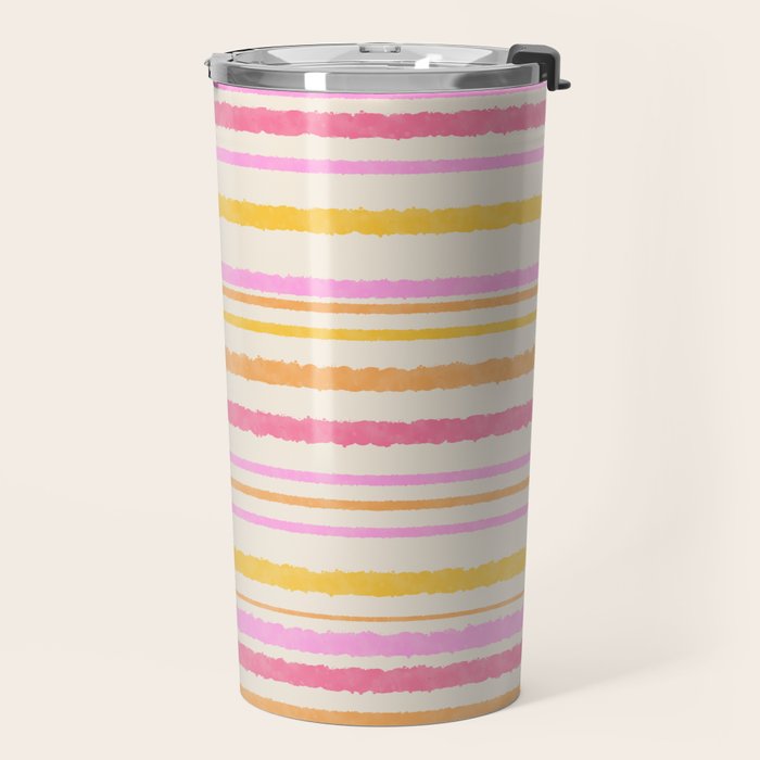 Liquid Summer Watercolor Stripes Pattern Pink Yellow Orange Cream Travel Mug Gallery Image 2