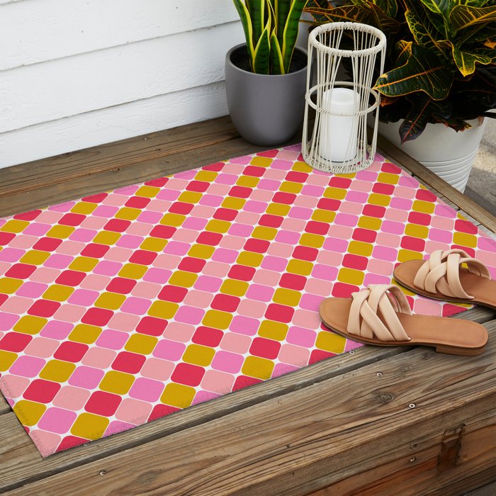 Checkered Geometric Shapes - Pink, Red, Yellow Outdoor Rug Gallery Image 2
