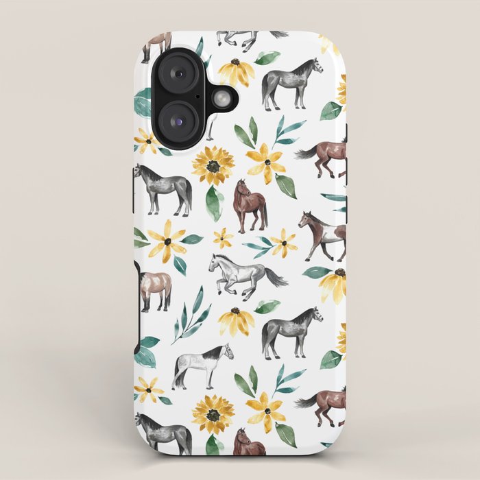 Horses and Sunflowers, Horse Art, Horse Decor, Yellow Flowers, Equestrian Art iPhone Case Gallery Image 1