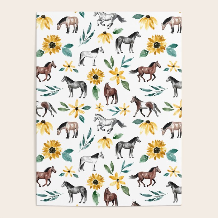 Horses and Sunflowers, Horse Art, Horse Decor, Yellow Flowers, Equestrian Art Poster Gallery Image 4