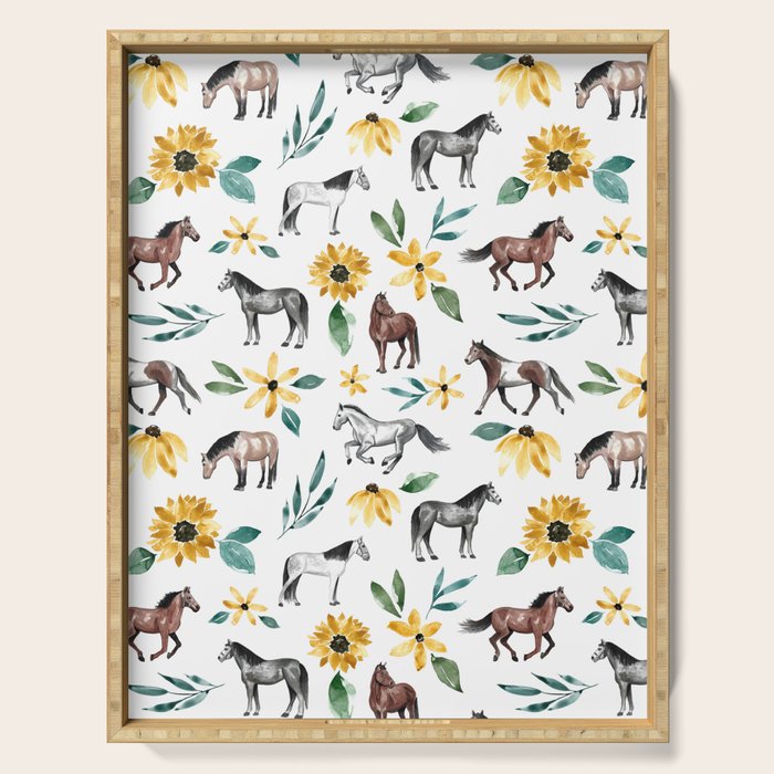 Horses and Sunflowers, Horse Art, Horse Decor, Yellow Flowers, Equestrian Art Serving Tray Gallery Image 1