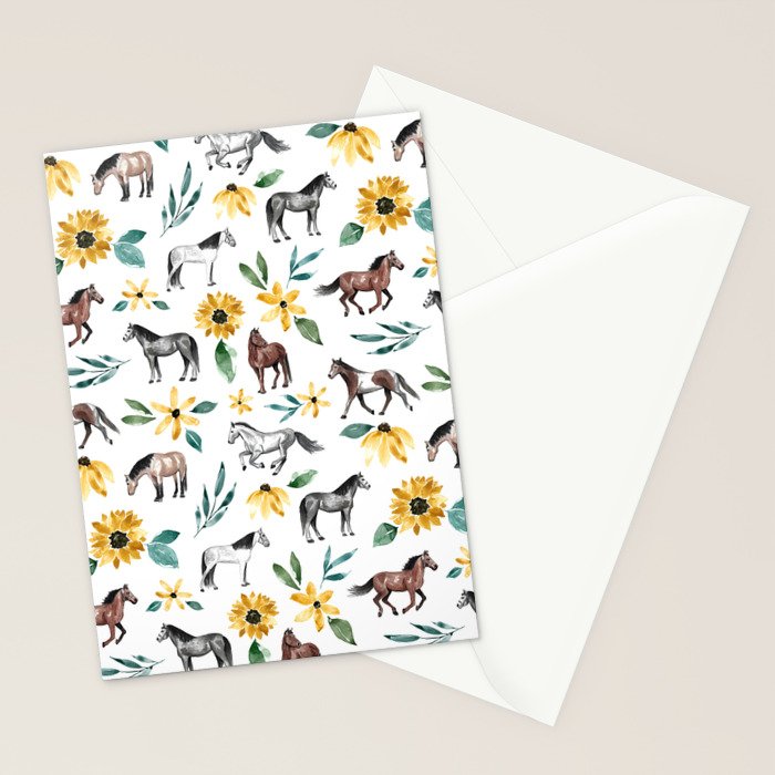 Horses and Sunflowers, Horse Art, Horse Decor, Yellow Flowers, Equestrian Art Stationery Card Gallery Image 2