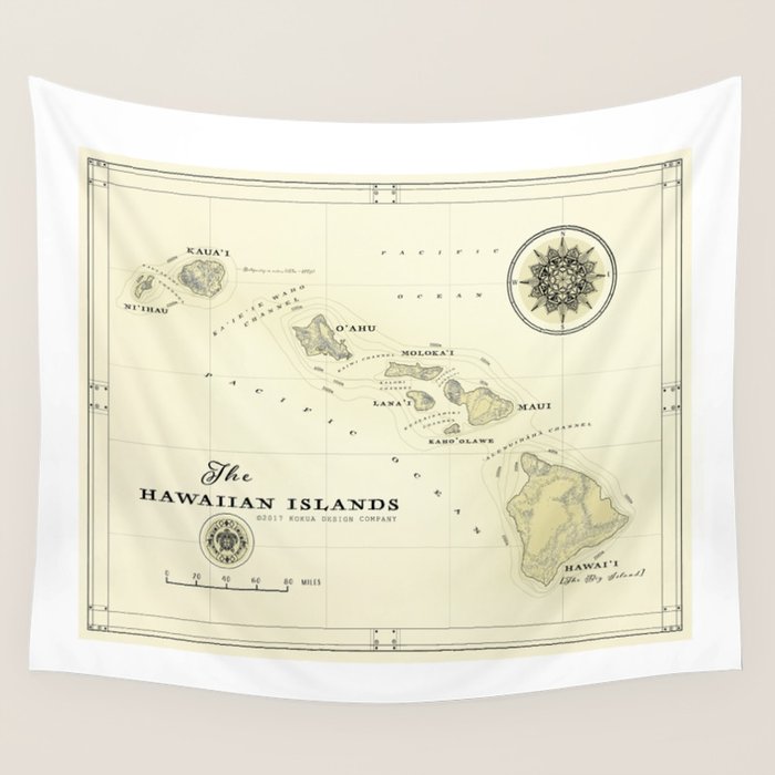 Hawaiian Islands [vintage inspired] map print Wall Tapestry Gallery Image 4