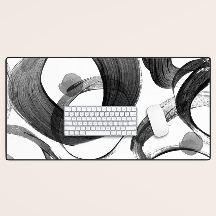 Modern abstract black white hand painted brushstrokes Desk Mat Gallery Image 1