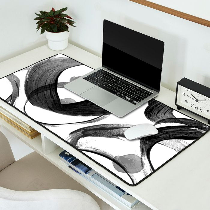 Modern abstract black white hand painted brushstrokes Desk Mat Gallery Image 2
