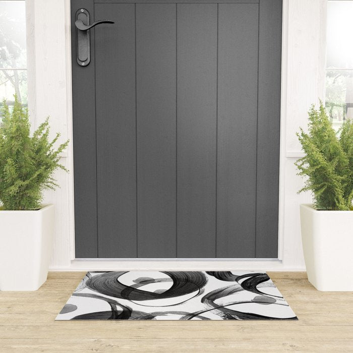 Modern abstract black white hand painted brushstrokes Welcome Mat Gallery Image 3
