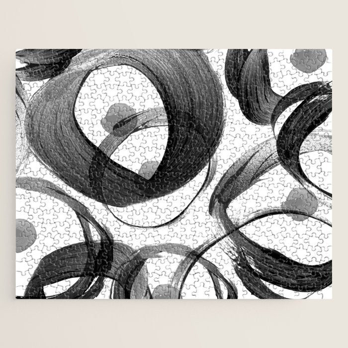 Modern abstract black white hand painted brushstrokes Jigsaw Puzzle Gallery Image 1