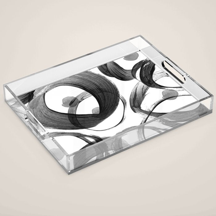 Modern abstract black white hand painted brushstrokes Acrylic Tray Gallery Image 1
