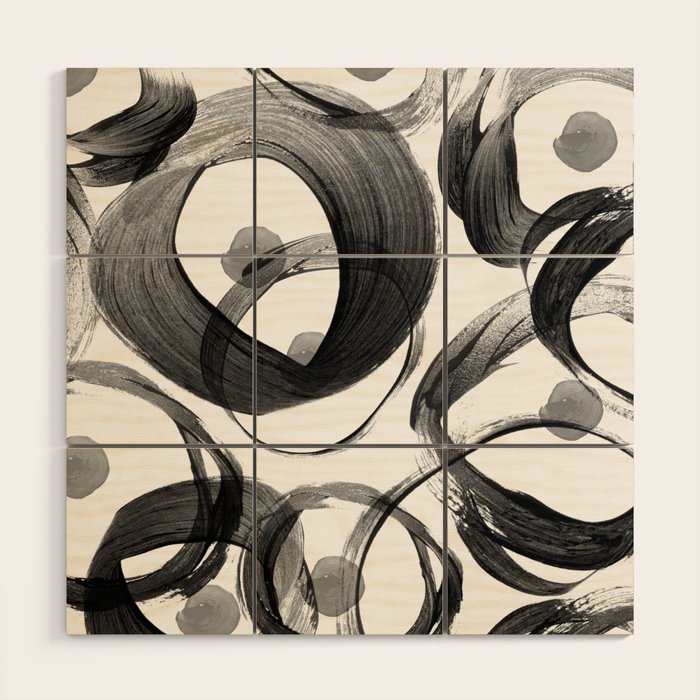 Modern abstract black white hand painted brushstrokes Wood Wall Art Gallery Image 1