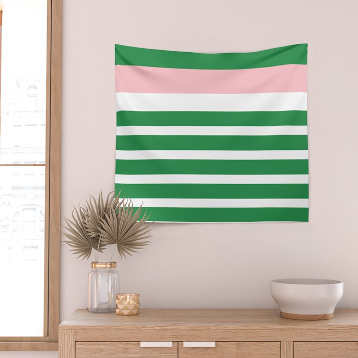 Mixed Stripe Pattern in Green, Pink, and White Wall Tapestry Gallery Image 2