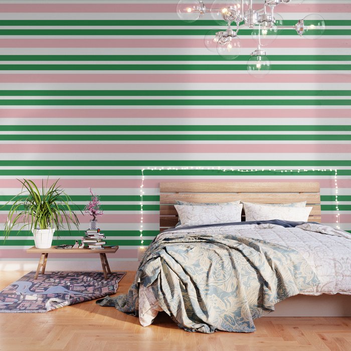Mixed Stripe Pattern in Green, Pink, and White Wallpaper Gallery Image 3