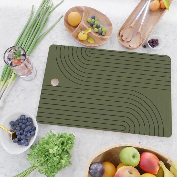Minimal Line Curvature XVIII Dark Green Mid Century Modern Arch Abstract Cutting Board Gallery Image 2