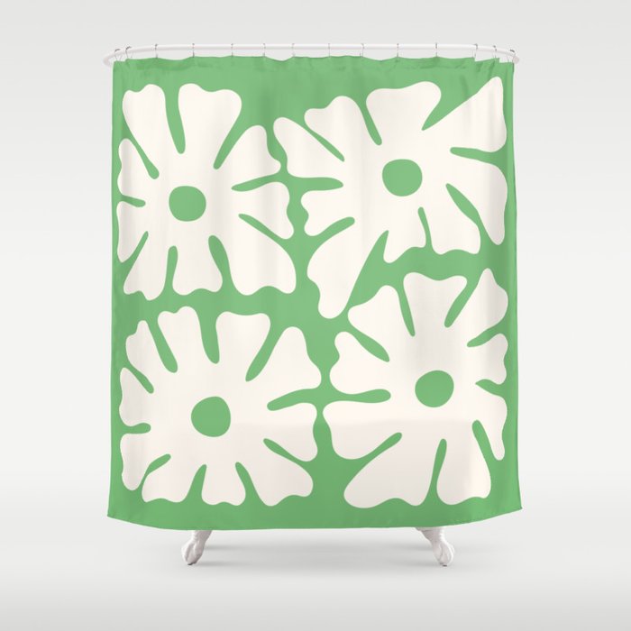 Mid-Century Flowers in Green & White Shower Curtain Gallery Image 1