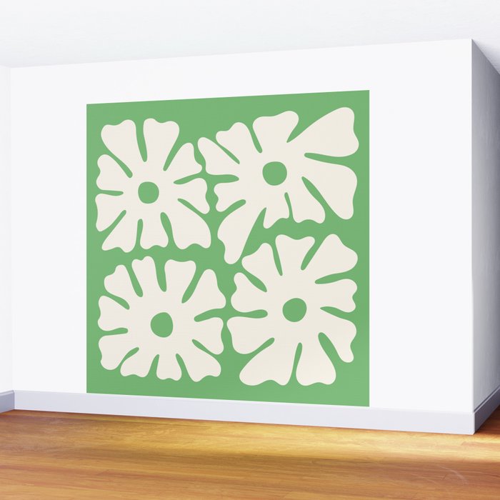 Mid-Century Flowers in Green & White Wall Mural Gallery Image 2