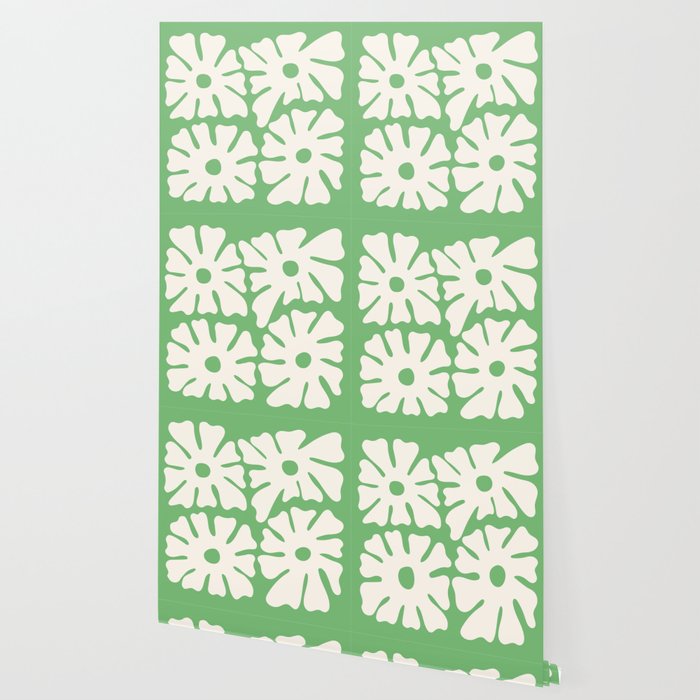 Mid-Century Flowers in Green & White Wallpaper Gallery Image 2