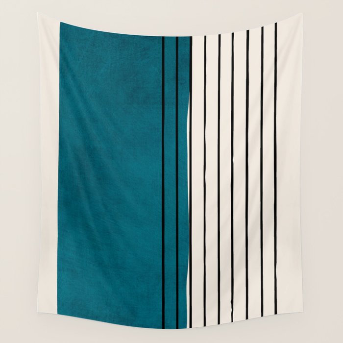 Dark Teal Black Lines Modern Artwork Wall Tapestry Gallery Image 4