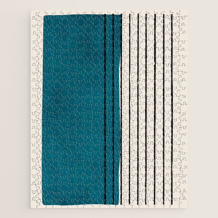 Dark Teal Black Lines Modern Artwork Jigsaw Puzzle