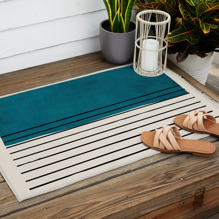 Dark Teal Black Lines Modern Artwork Outdoor Rug Gallery Image 2