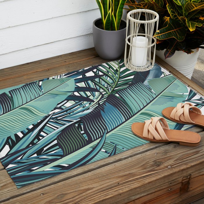 Tropical, Palm Trees, Green and Blue, Abstract Outdoor Rug Gallery Image 2
