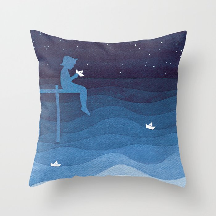 Boy with paper boats, blue Throw Pillow Gallery Image 1