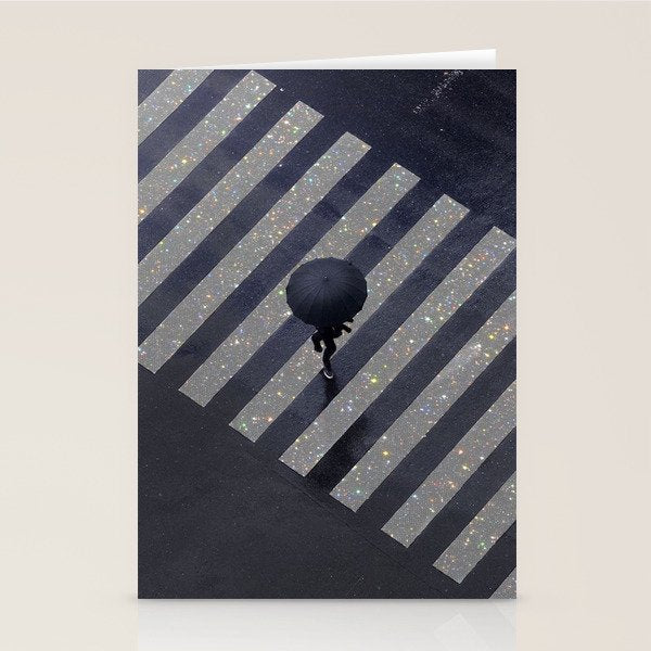 Walking in the rain | rainy |  crosswalks | alone | umbrella | grey Stationery Card Gallery Image 1