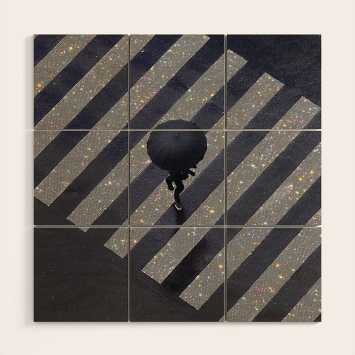 Walking in the rain | rainy |  crosswalks | alone | umbrella | grey Wood Wall Art Gallery Image 1