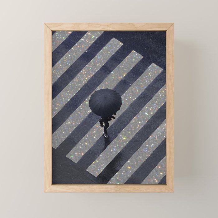 Walking in the rain | rainy |  crosswalks | alone | umbrella | grey Mini Art Print Gallery Image 1