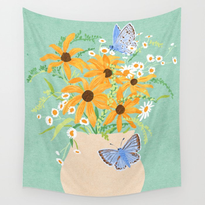Blue Butterflies and Wildflowers Wall Tapestry Gallery Image 1