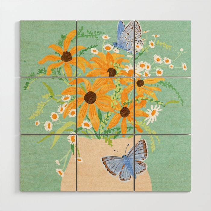 Blue Butterflies and Wildflowers Wood Wall Art Gallery Image 1