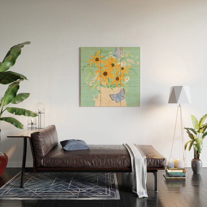 Blue Butterflies and Wildflowers Wood Wall Art Gallery Image 2