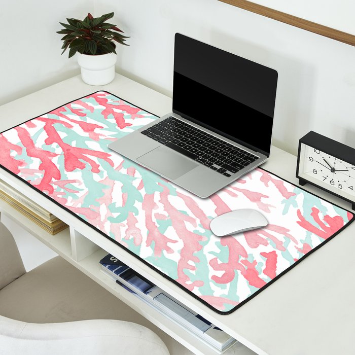 Modern hand painted coral pink teal reef coral floral Desk Mat Gallery Image 2