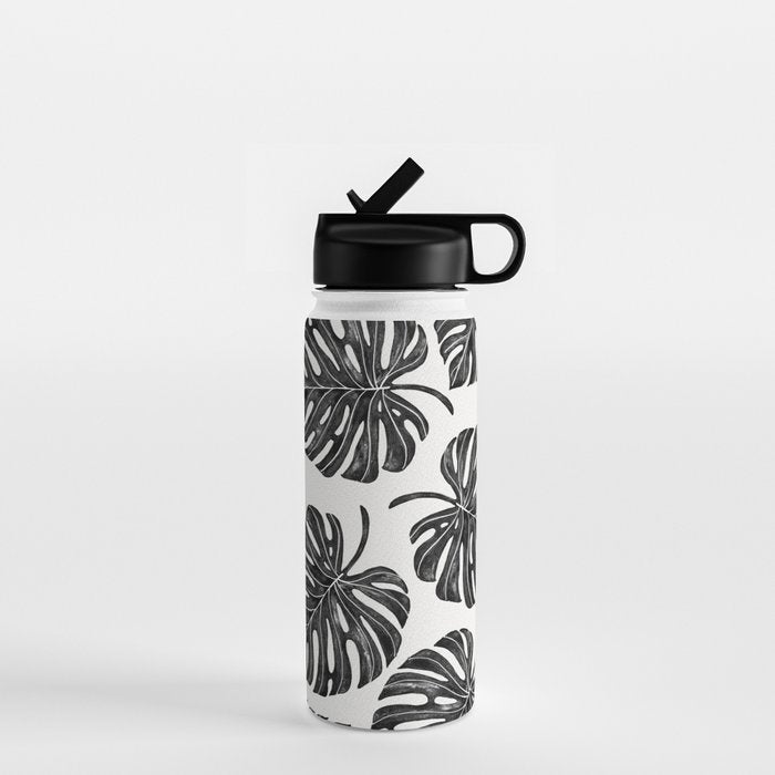 Watercolor Palm Leaves Black and White Water Bottle Gallery Image 1
