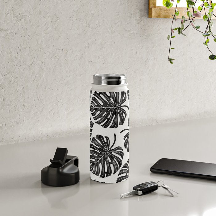 Watercolor Palm Leaves Black and White Water Bottle Gallery Image 4
