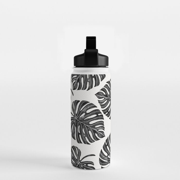 Watercolor Palm Leaves Black and White Water Bottle Gallery Image 2