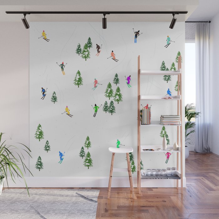 Downhill Mountain Aerial View Skiers - Winter skiing illustration Wall Mural