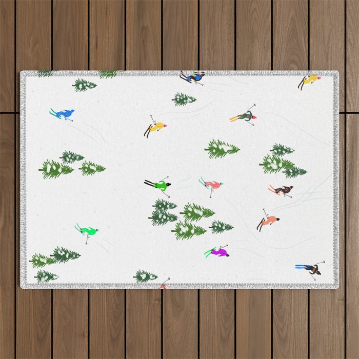 Downhill Mountain Aerial View Skiers - Winter skiing illustration Outdoor Rug Gallery Image 1