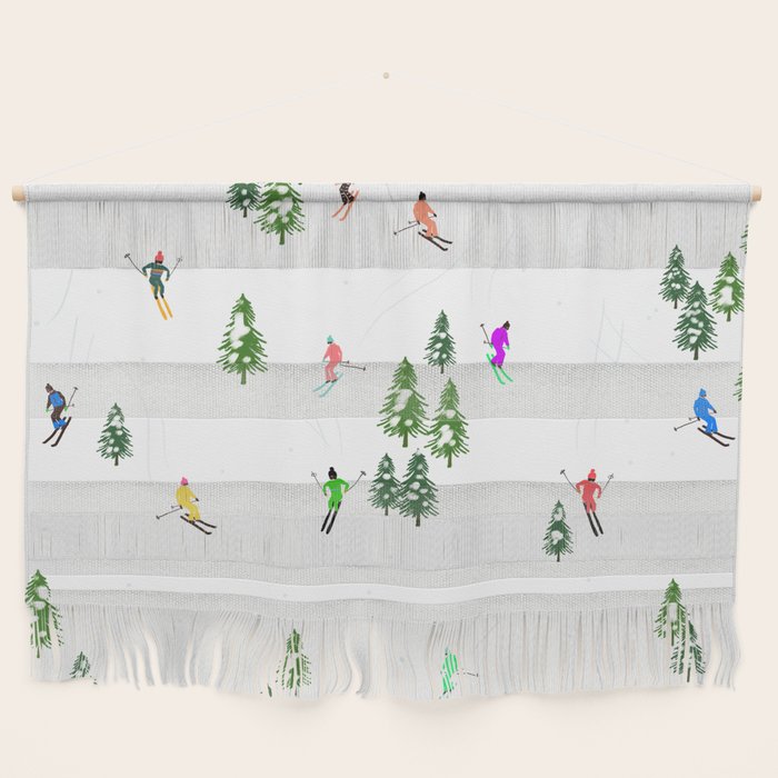 Downhill Mountain Aerial View Skiers - Winter skiing illustration Wall Hanging Gallery Image 1