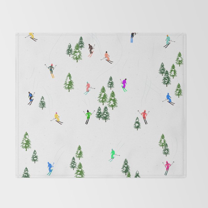 Downhill Mountain Aerial View Skiers - Winter skiing illustration Throw Blanket Gallery Image 2