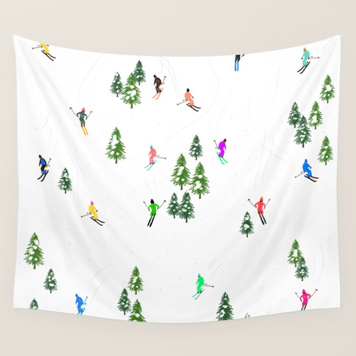 Downhill Mountain Aerial View Skiers - Winter skiing illustration Wall Tapestry Gallery Image 4