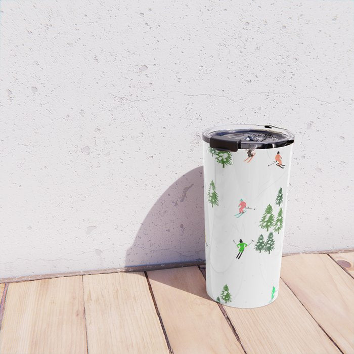 Downhill Mountain Aerial View Skiers - Winter skiing illustration Travel Mug Gallery Image 4