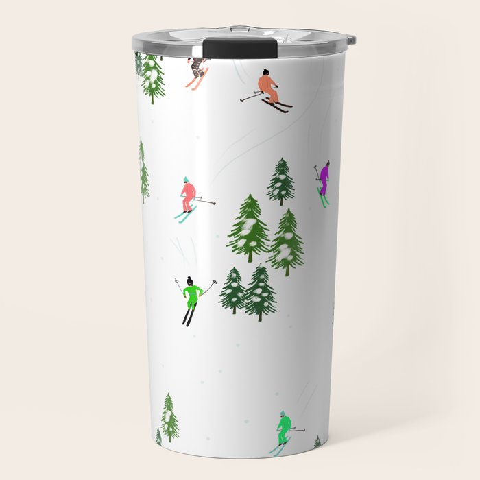Downhill Mountain Aerial View Skiers - Winter skiing illustration Travel Mug Gallery Image 1