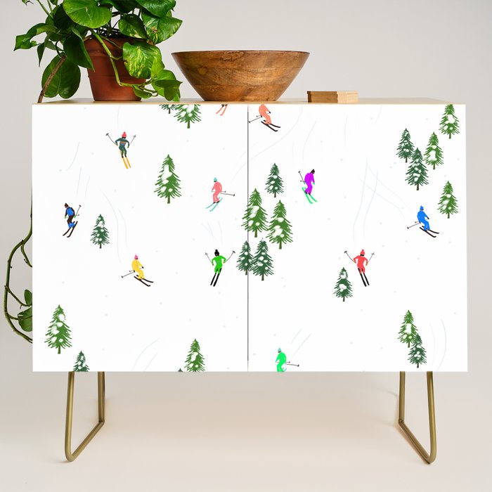 Downhill Mountain Aerial View Skiers - Winter skiing illustration Credenza Gallery Image 1