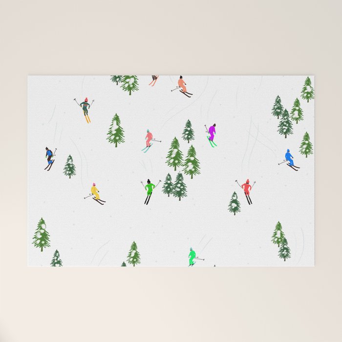 Downhill Mountain Aerial View Skiers - Winter skiing illustration Welcome Mat Gallery Image 1