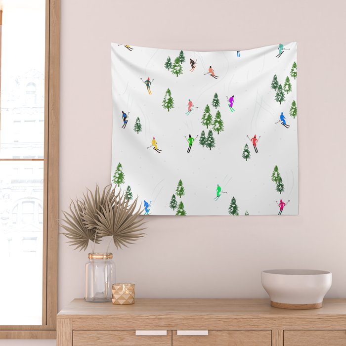 Downhill Mountain Aerial View Skiers - Winter skiing illustration Wall Tapestry Gallery Image 2