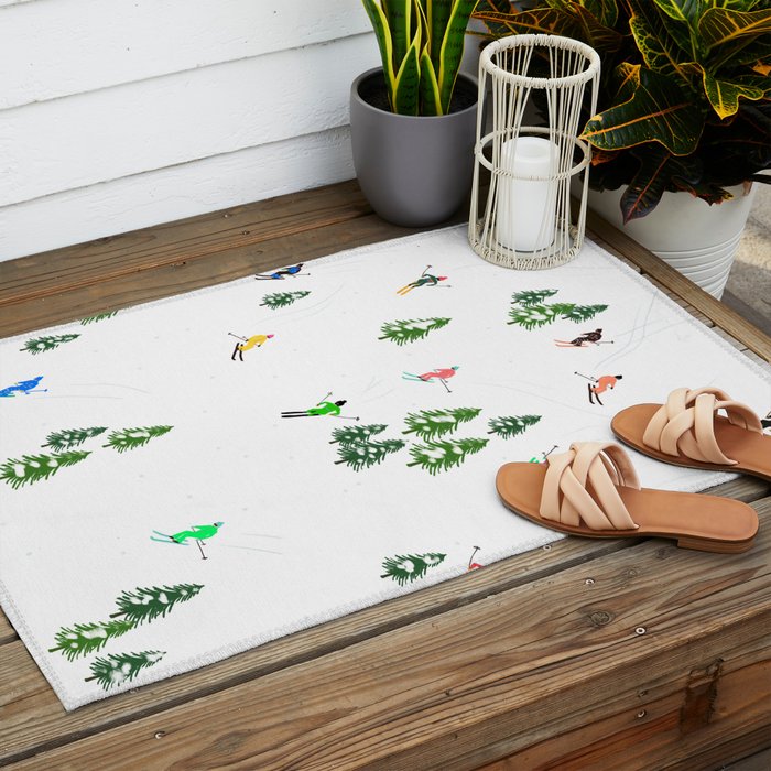 Downhill Mountain Aerial View Skiers - Winter skiing illustration Outdoor Rug Gallery Image 2