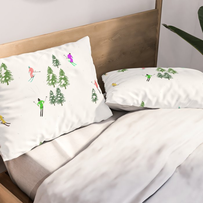 Downhill Mountain Aerial View Skiers - Winter skiing illustration Pillow Sham Gallery Image 2