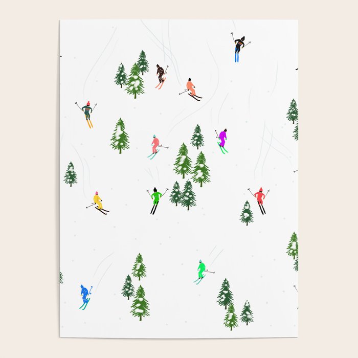Downhill Mountain Aerial View Skiers - Winter skiing illustration Poster Gallery Image 4